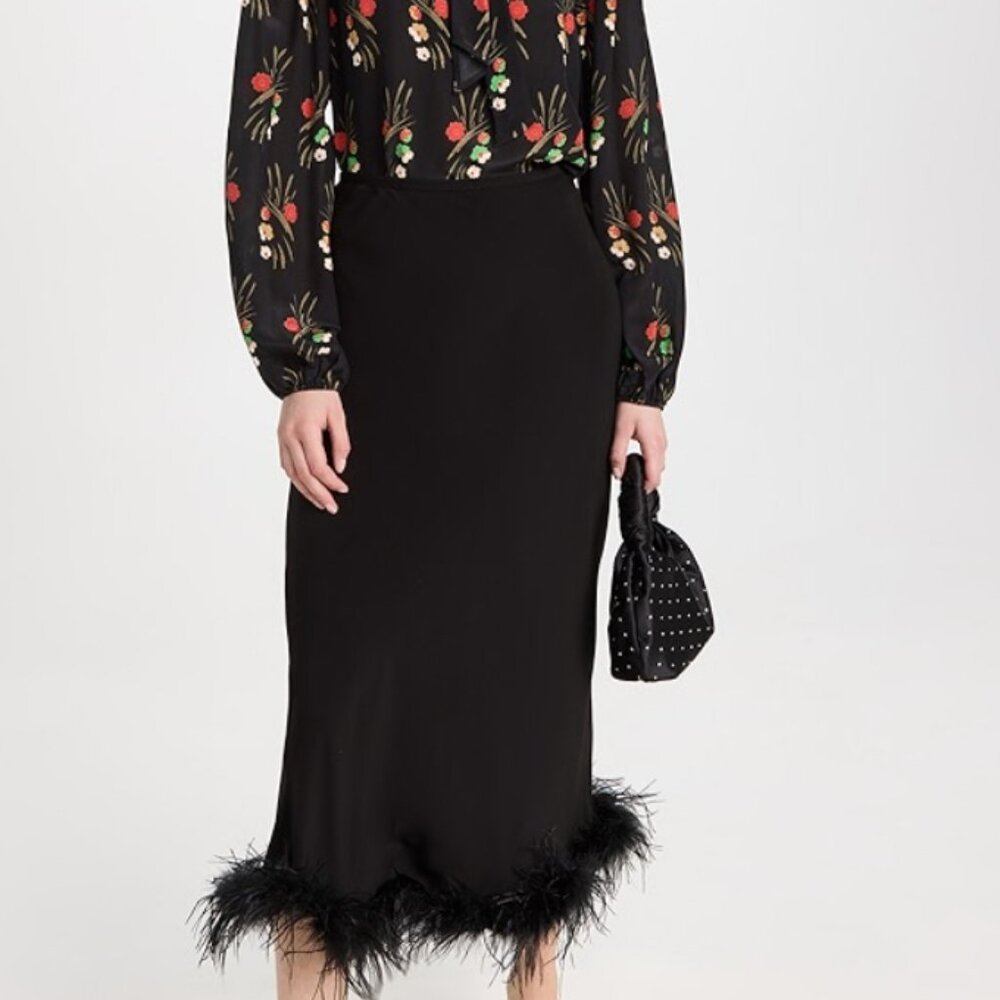 NWT Large Rixo Kelly Feather Trimmed Crepe Midi Skirt
